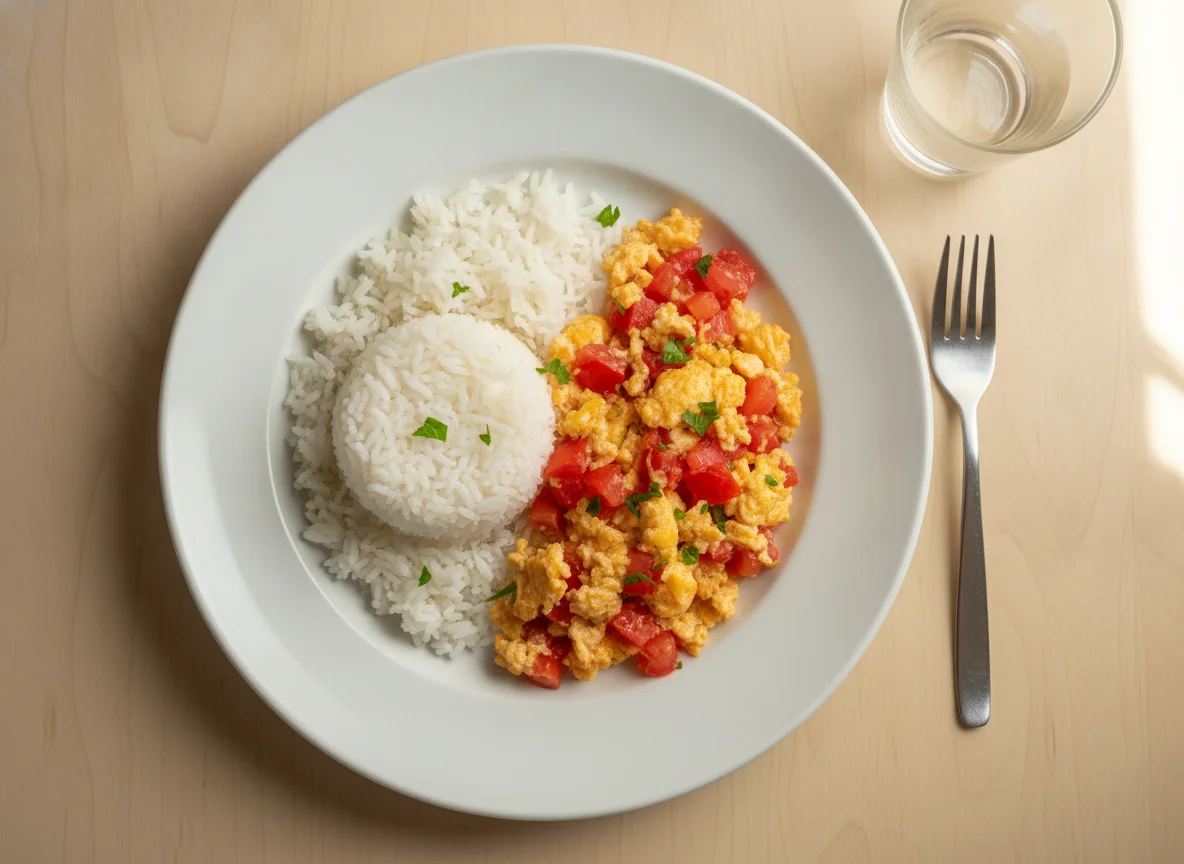 Prato de arroz, ovos mexidos e tomate photo