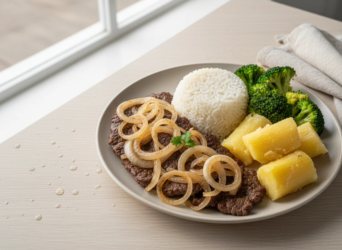 Prato de bife acebolado com arroz, brócolis e mandioca photo