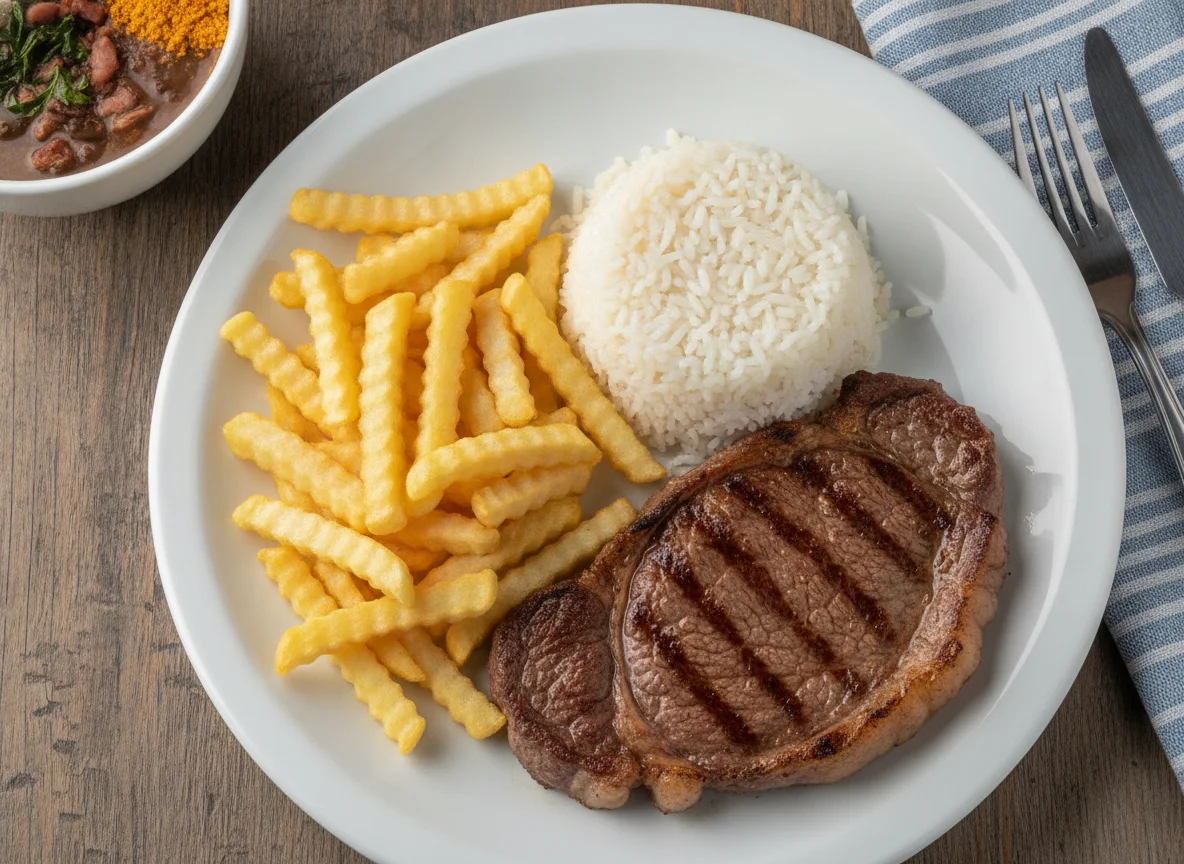 Prato de bife, arroz e batata frita photo