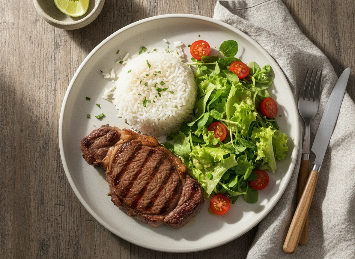 Prato de bife com arroz e salada photo