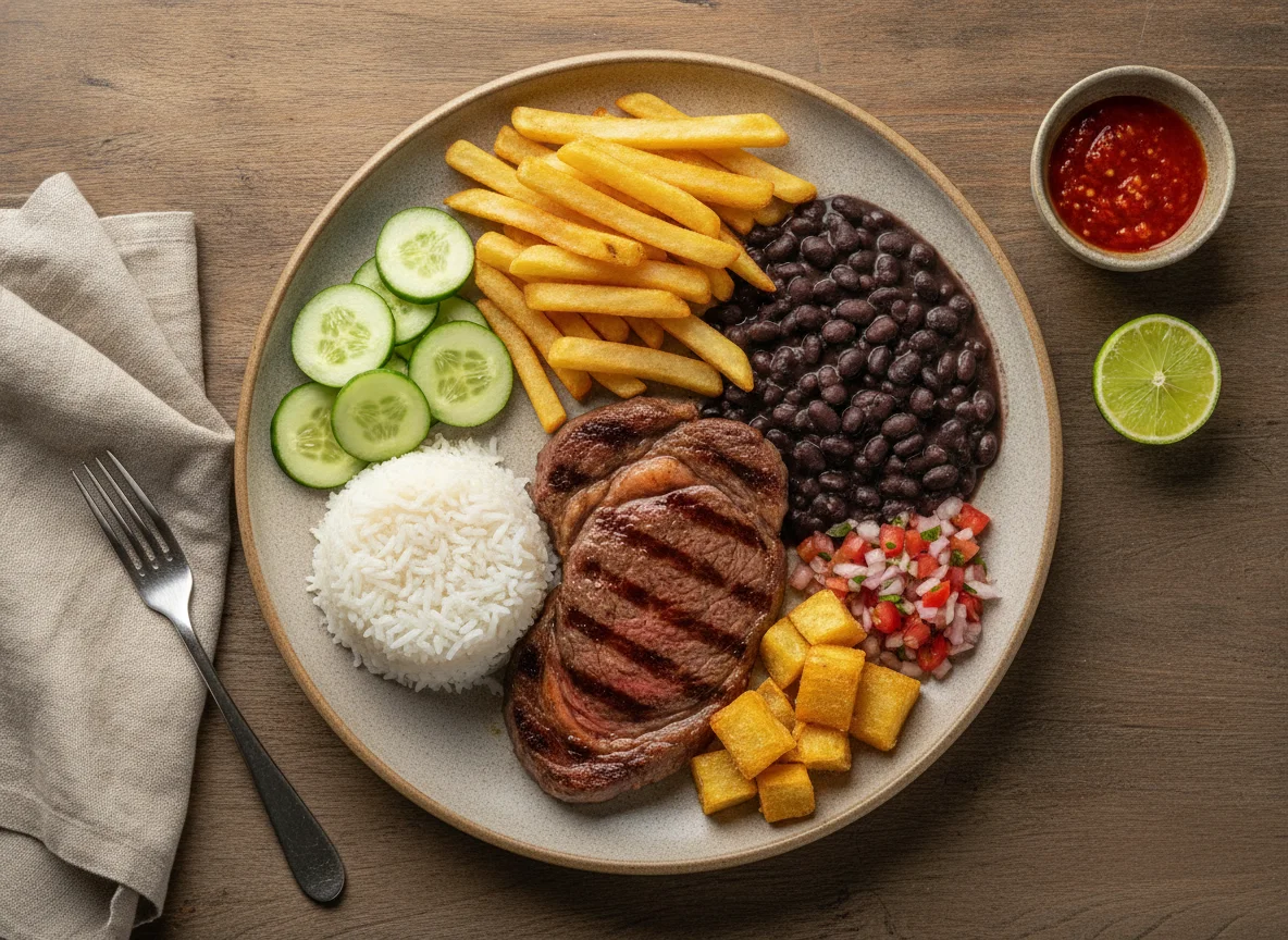 Prato de Bife com Arroz, Feijão e Batatas Fritas photo