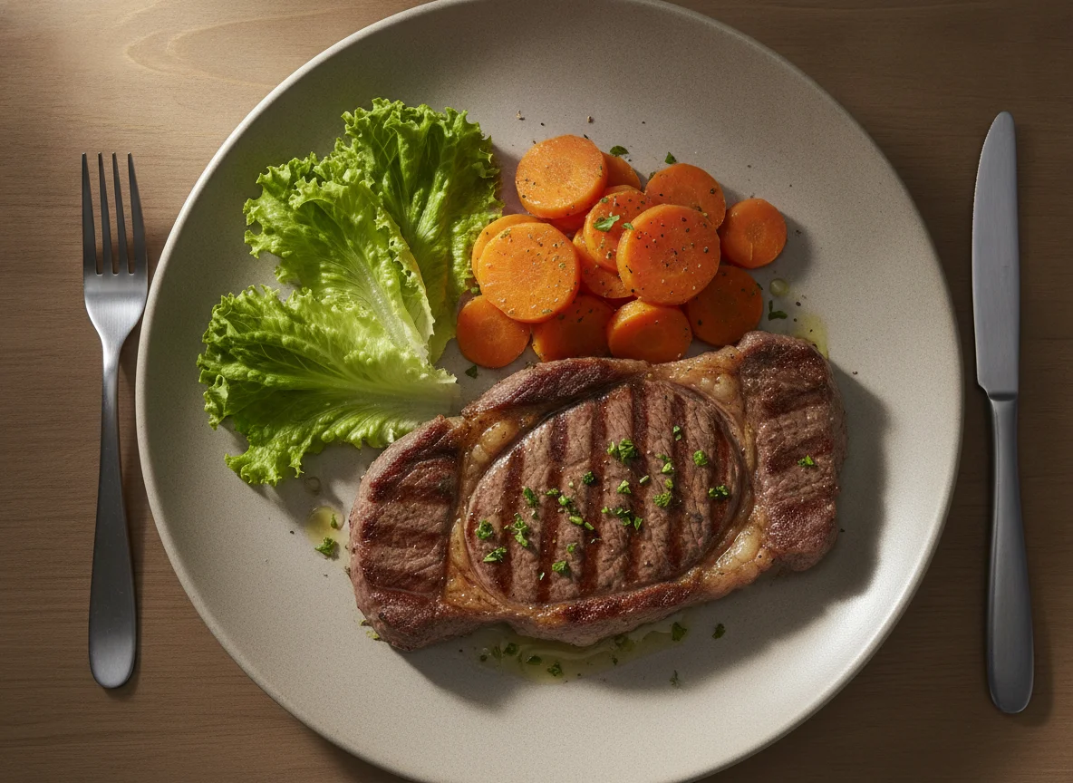Prato de bife com cenoura e alface photo