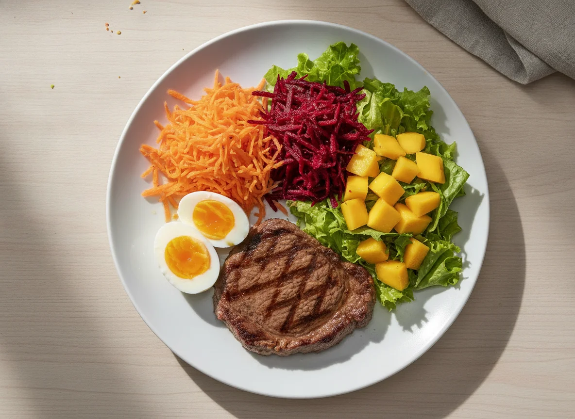 Prato de bife com ovo e salada photo