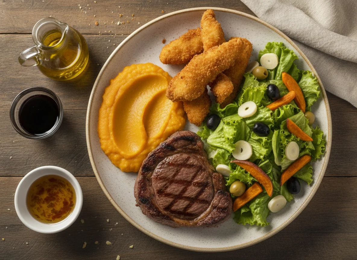 Prato de Bife com Purê de Abóbora e Salada photo