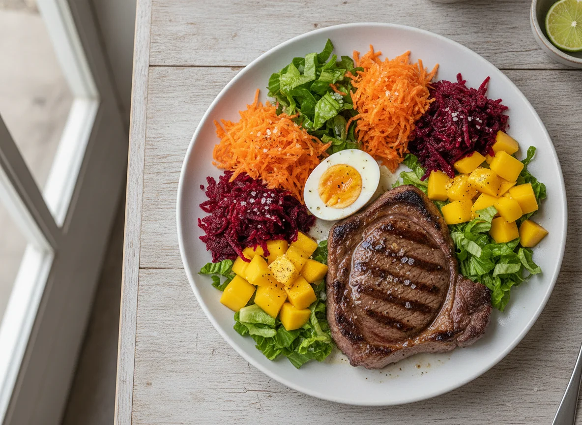 Prato de bife com salada e ovo photo