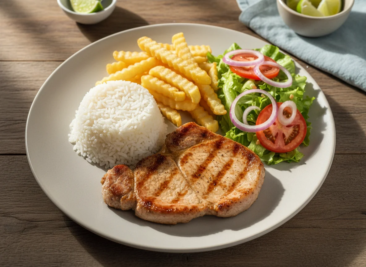 Prato de bife de porco com arroz, batatas fritas e salada photo