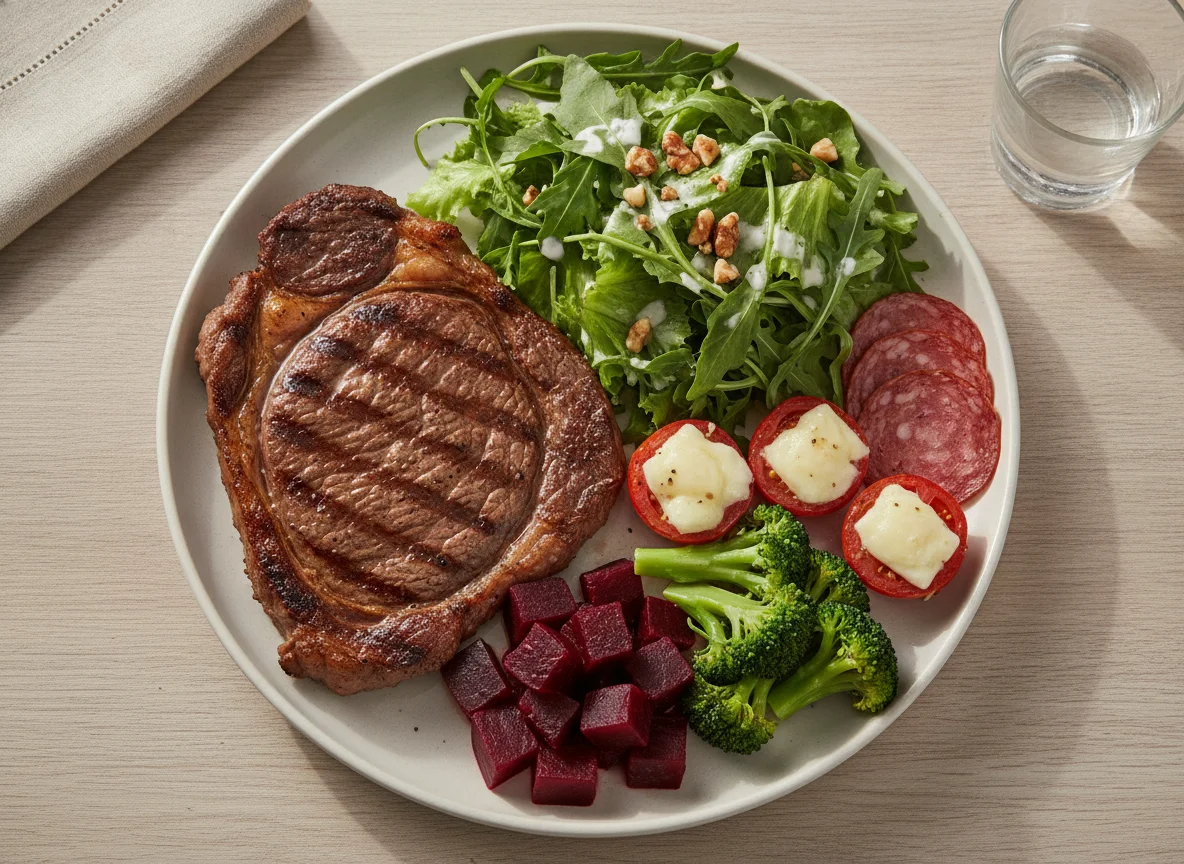 Prato de bife grelhado com salada mista e acompanhamentos photo