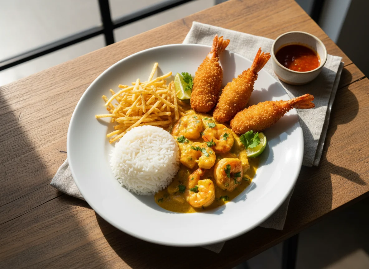 Prato de Bobó de Camarão com Arroz, Batata Palha e Camarão Empanado photo
