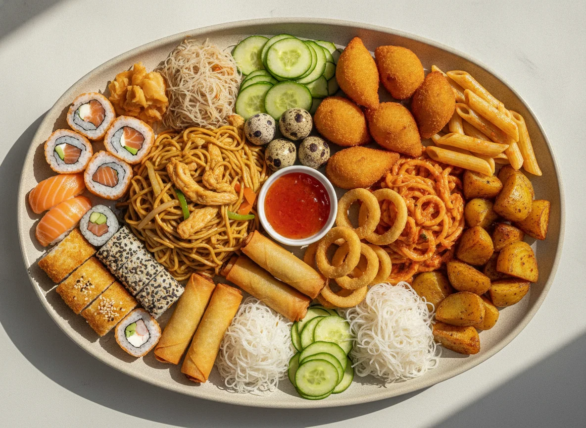 Prato de Buffet Variado com Comida Asiática e Brasileira photo