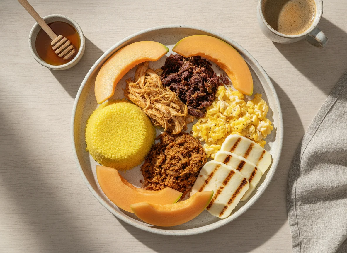 Prato de café da manhã brasileiro com cuscuz, carnes e melão photo