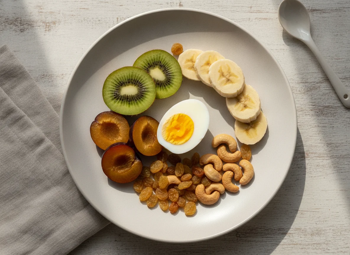 Prato de café da manhã com frutas, ovos e castanhas photo