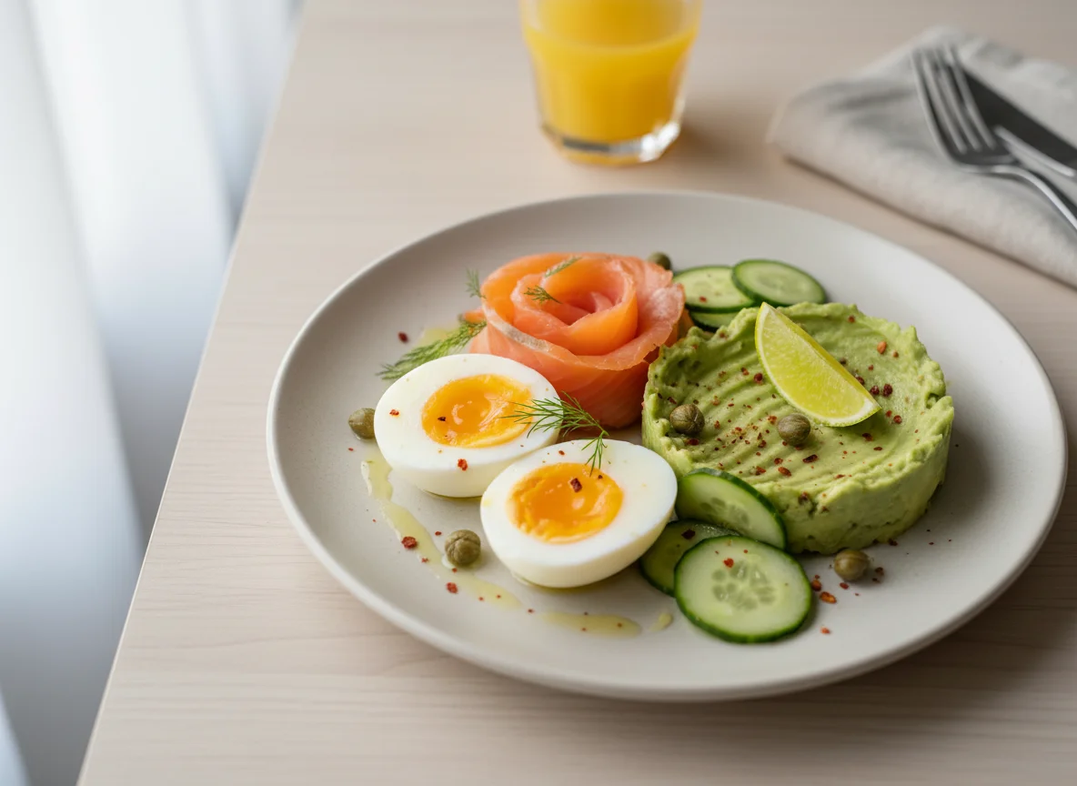 Prato de café da manhã com ovos, salmão e abacate photo