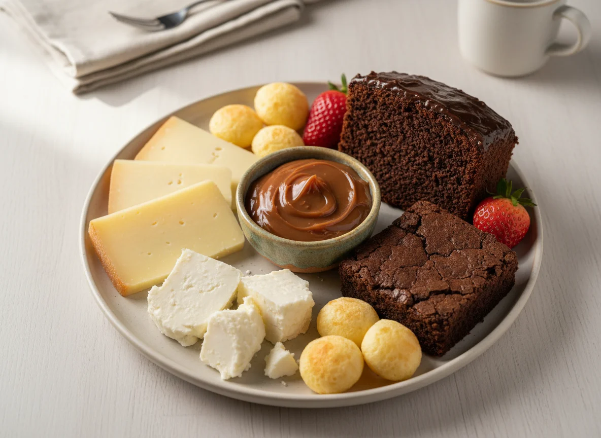 Prato de café da manhã com queijos e bolos photo