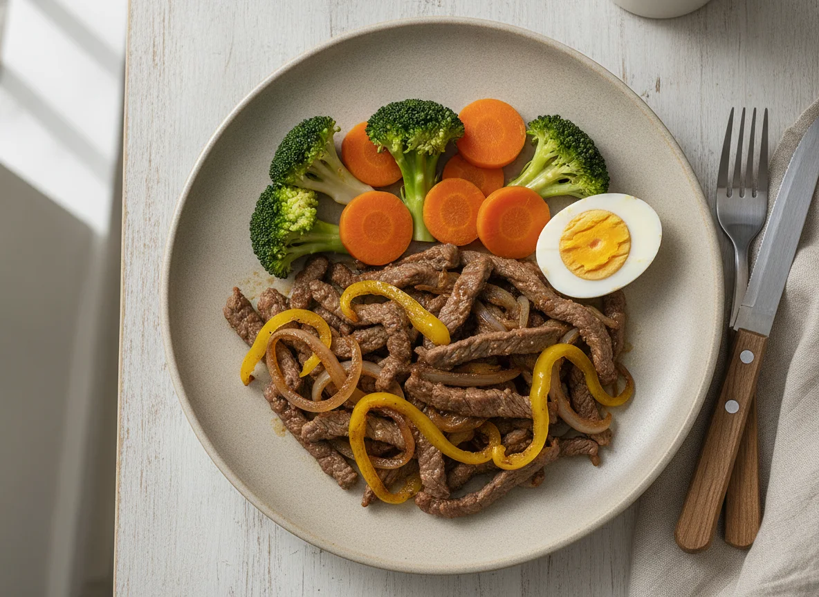 Prato de carne acebolada com brócolis, cenoura e ovo cozido photo