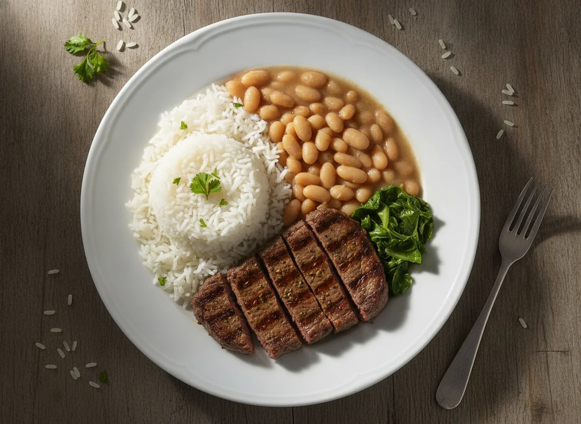 Prato de carne, arroz e feijão photo