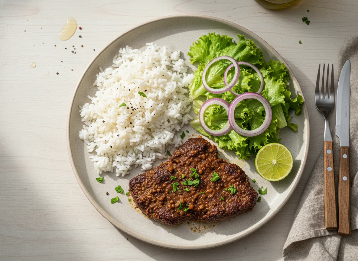 Prato de carne, arroz e salada photo