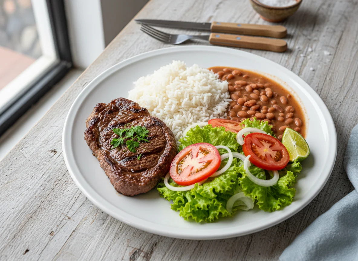 Prato de carne, arroz, feijão e salada photo