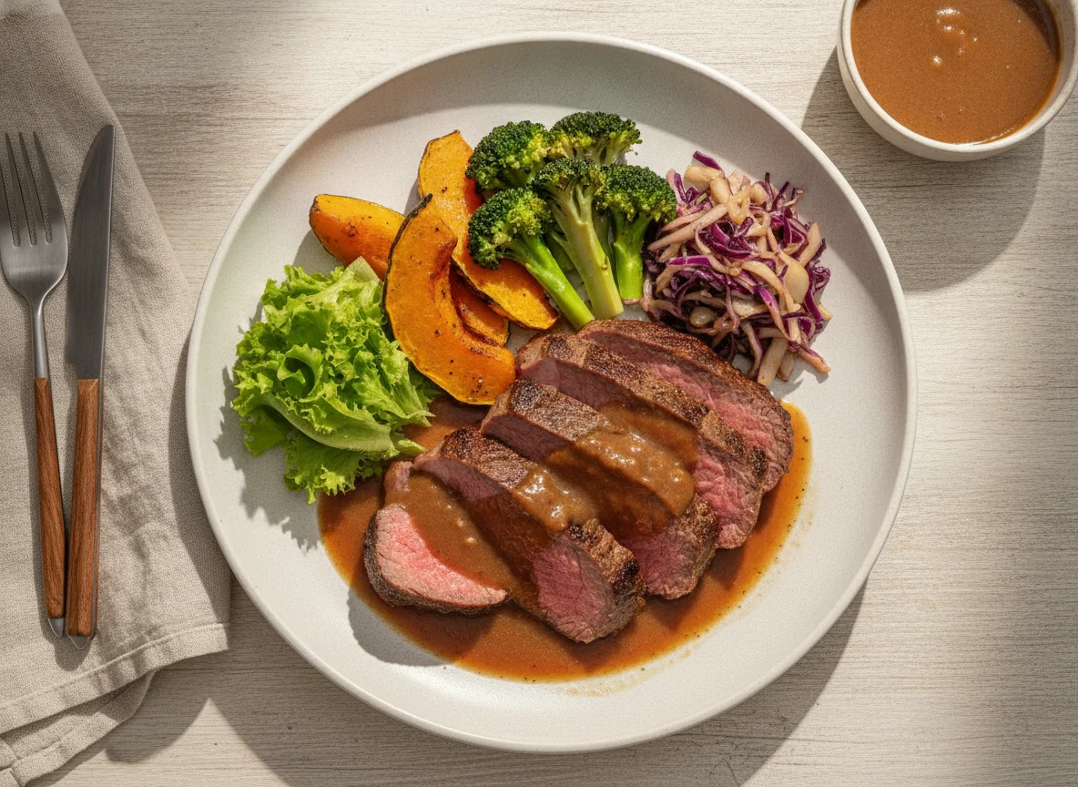 Prato de Carne Assada com Abóbora e Brócolis photo