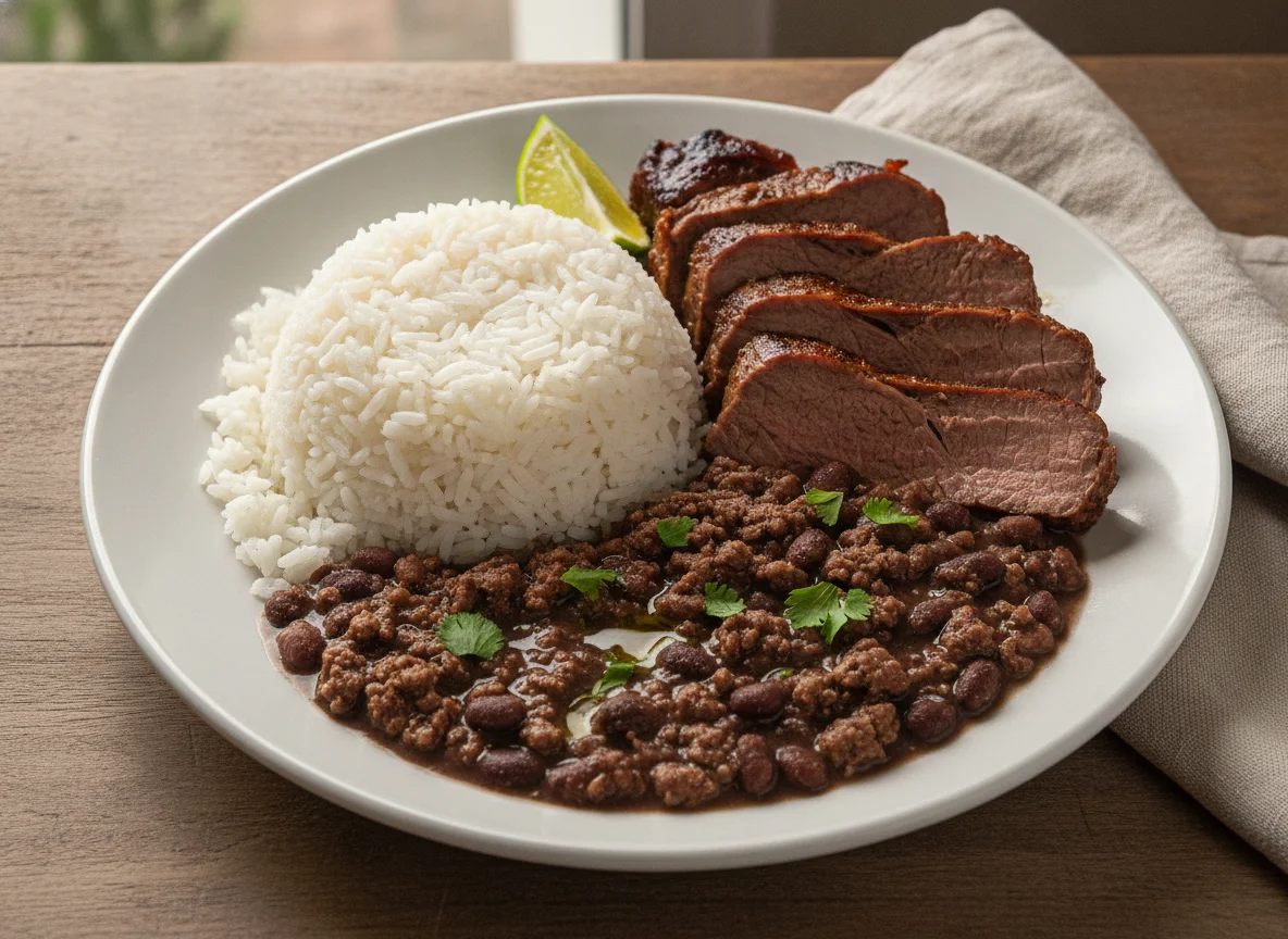 Prato de carne assada com arroz e feijão photo