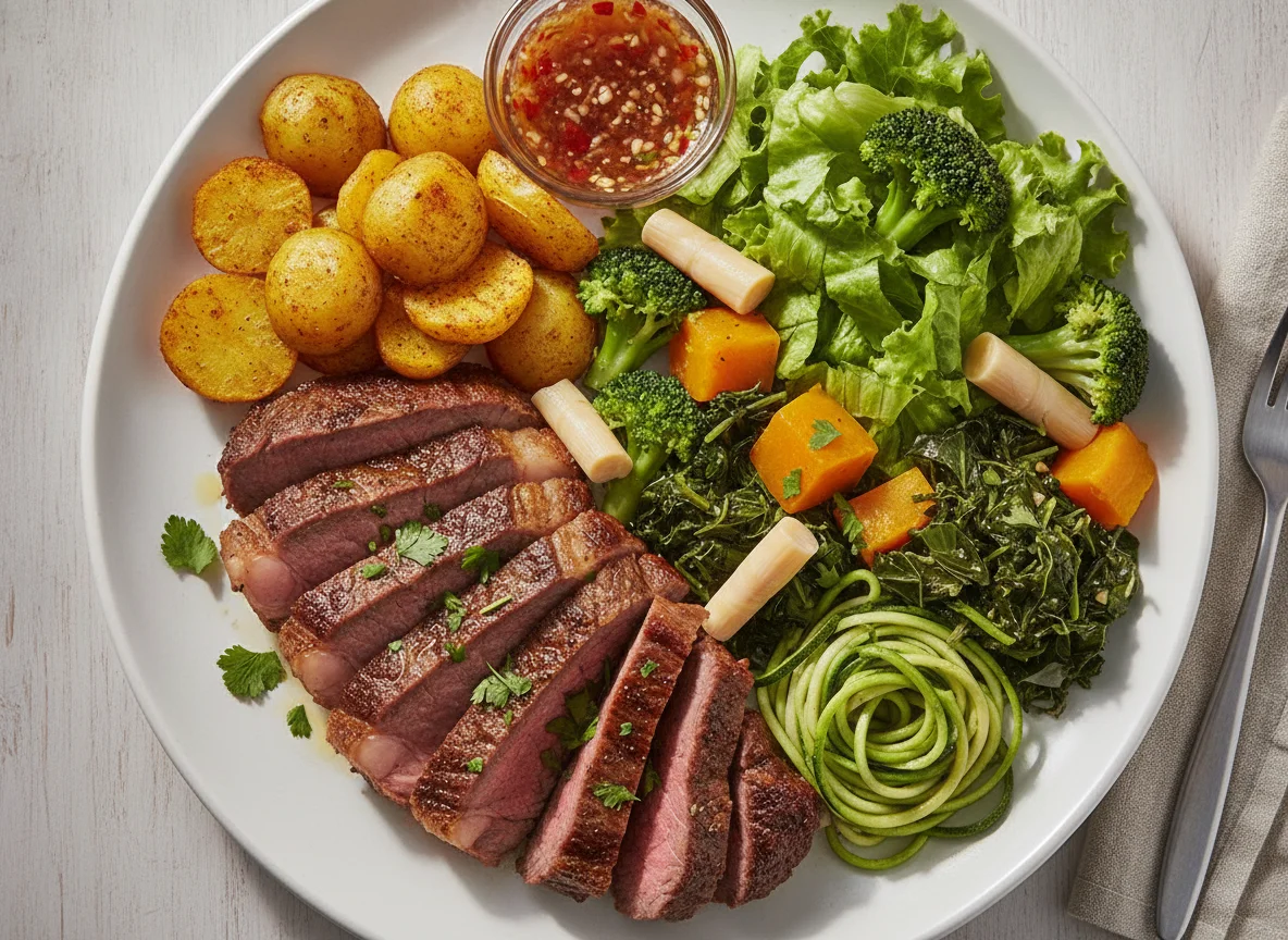 Prato de Carne Assada com Batatas e Salada photo