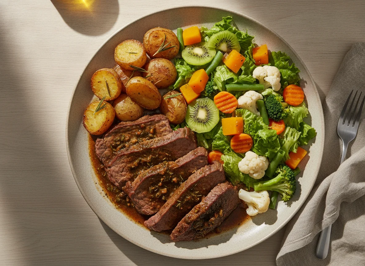 Prato de Carne Assada com Batatas e Salada Mista photo