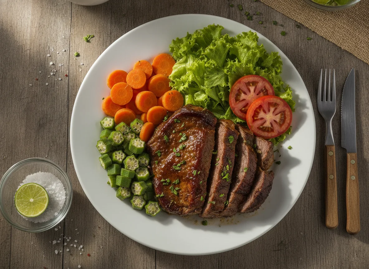 Prato de carne assada com legumes e salada photo
