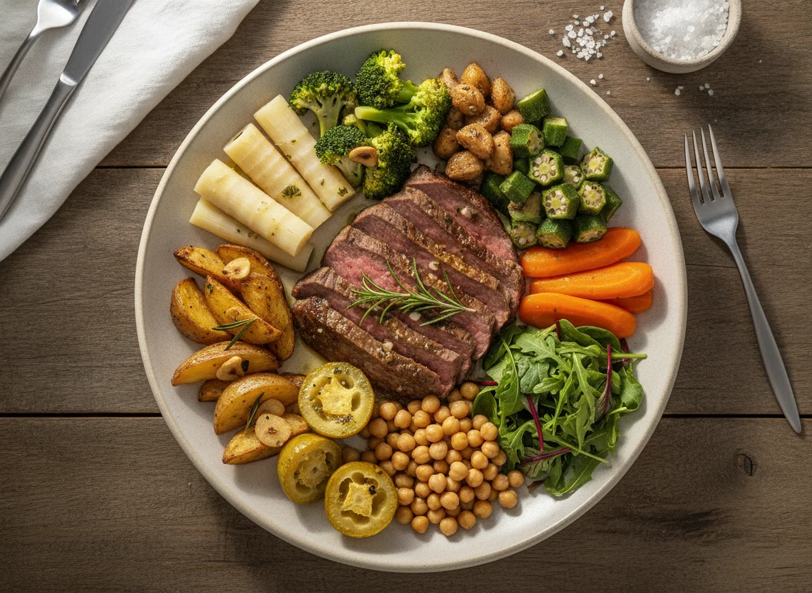 Prato de Carne Assada com Legumes Variados photo