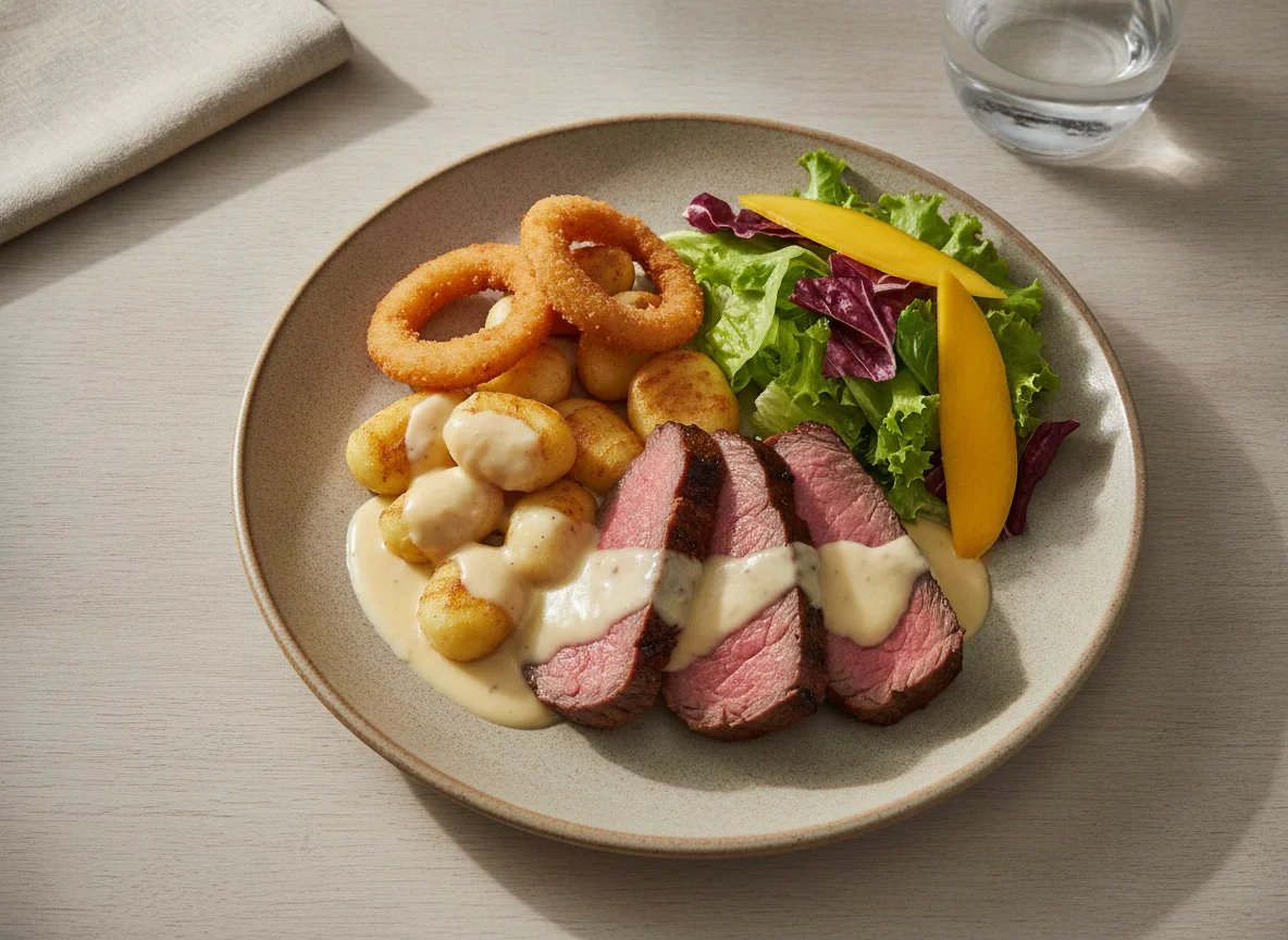Prato de Carne Assada com Nhoque ao Molho Branco e Salada photo