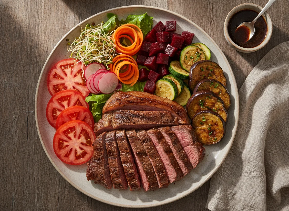 Prato de Carne Assada com Salada e Legumes photo