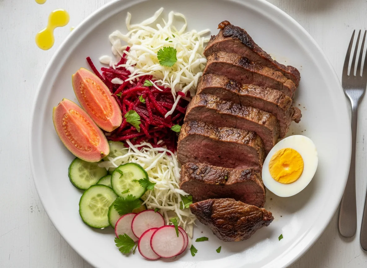Prato de Carne Assada com Salada e Ovo photo