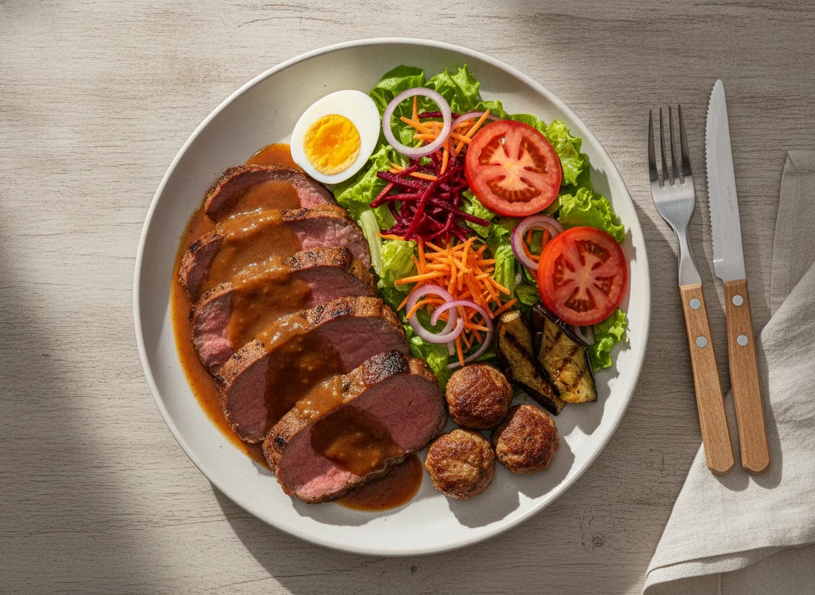 Prato de Carne Assada com Salada Mista e Ovo photo