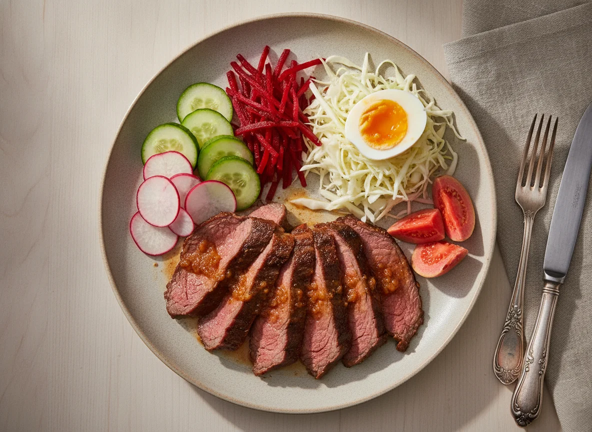 Prato de Carne Assada com Salada Variada e Ovo photo