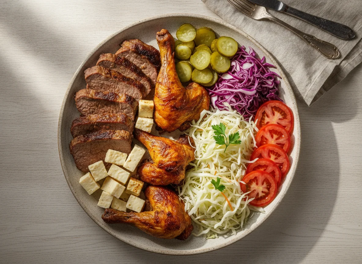 Prato de carne assada com saladas e picles photo