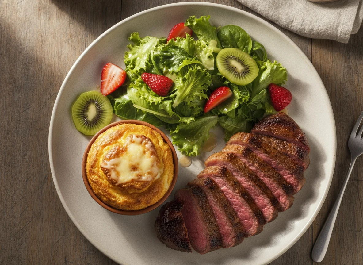 Prato de Carne Assada com Suflê e Salada photo