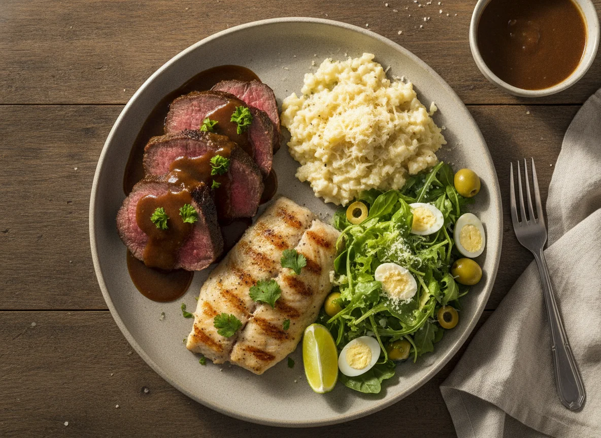 Prato de carne assada, peixe grelhado, risoto e salada photo