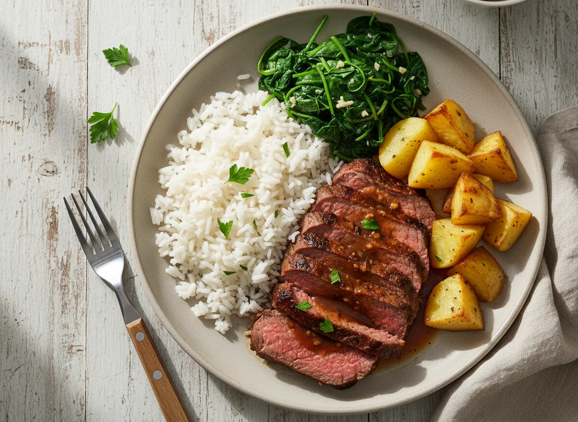 Prato de carne com arroz, batatas e espinafres photo