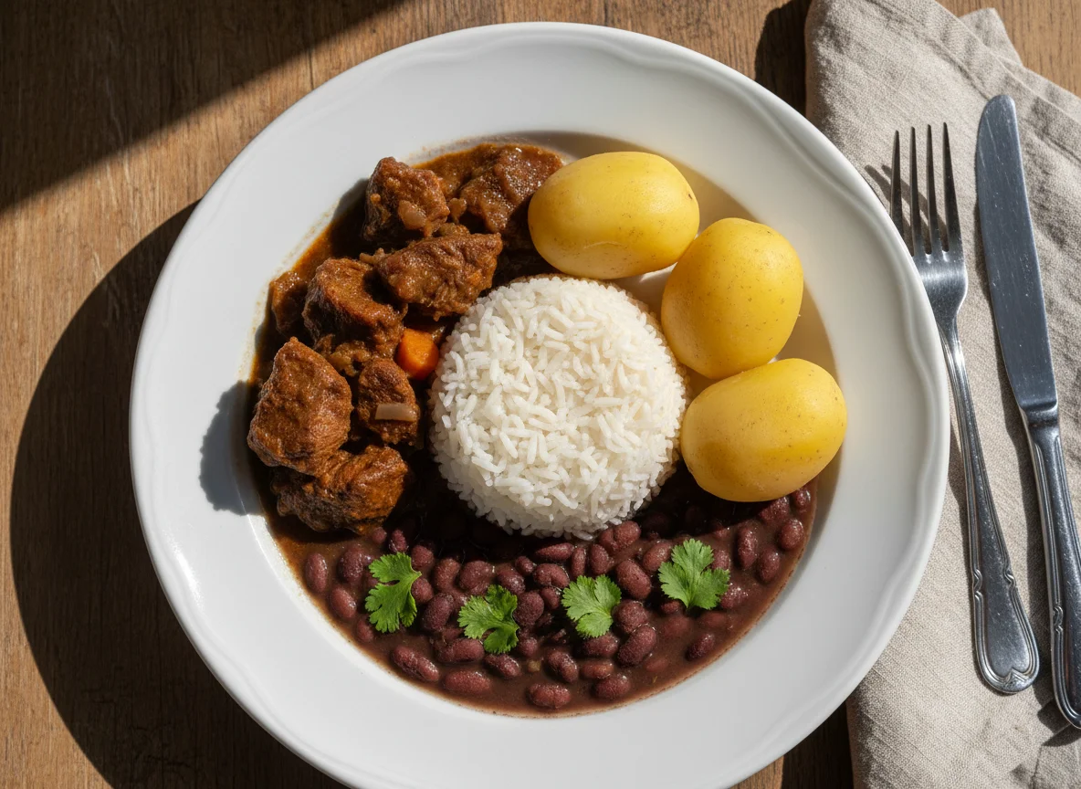 Prato de carne com arroz, batatas e feijão photo