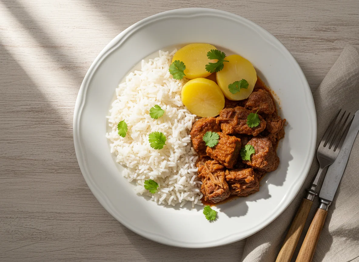 Prato de carne com arroz e batata photo