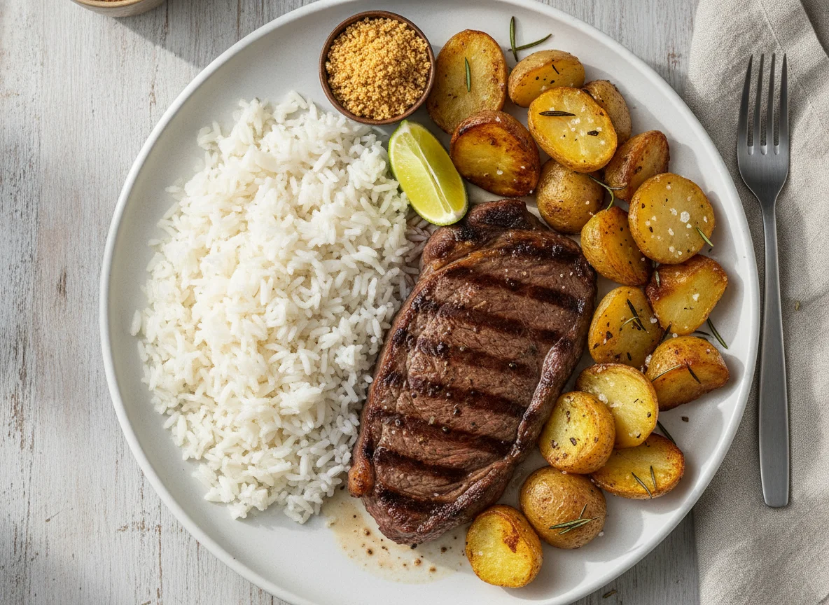 Prato de carne com arroz e batatas assadas photo