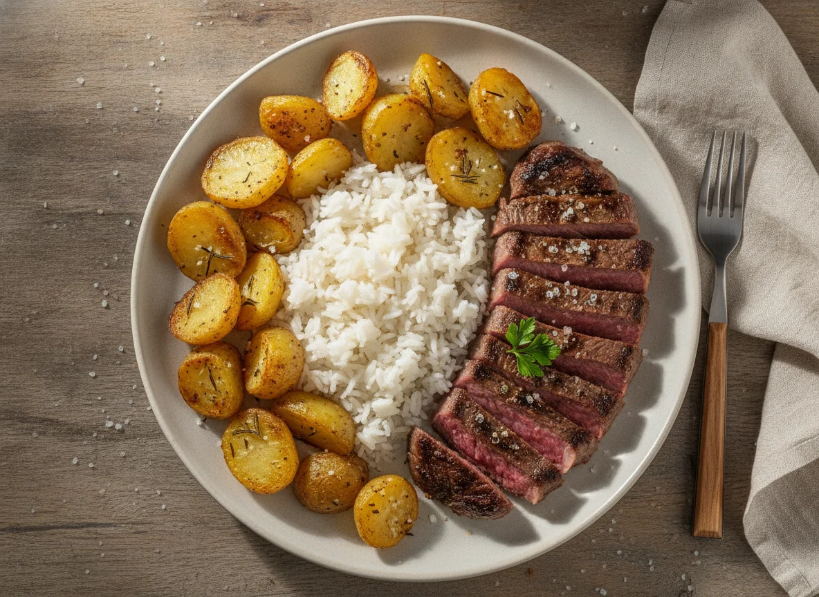 Prato de carne com arroz e batatas rústicas photo