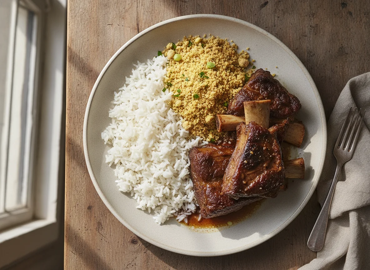 Prato de carne com arroz e farofa photo