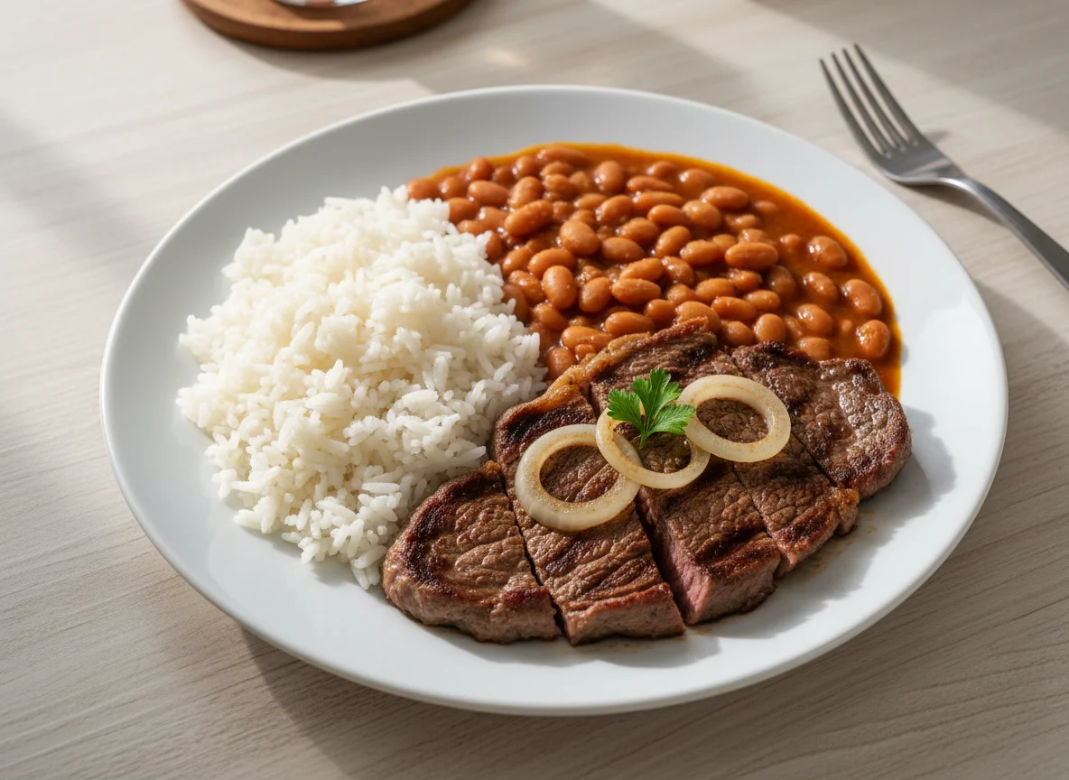 Prato de Carne com Arroz e Feijão photo