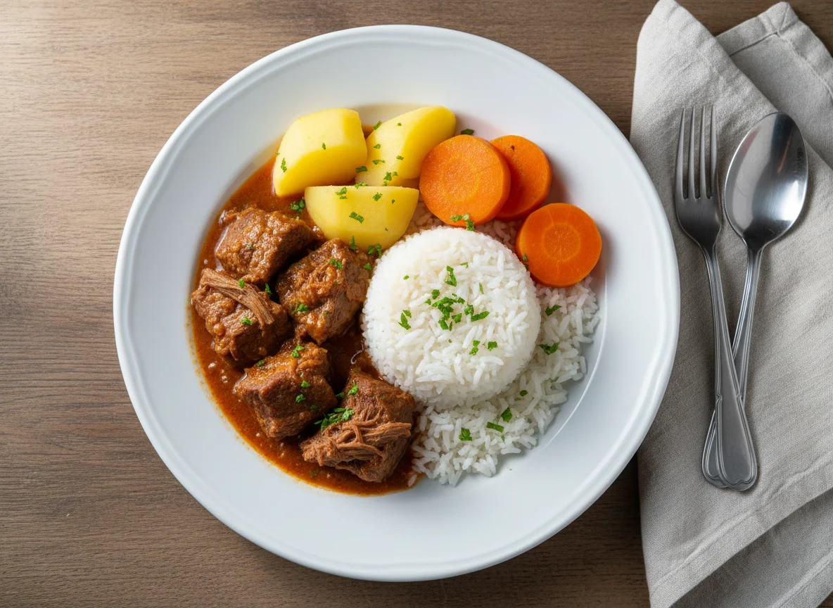 Prato de carne com arroz e legumes photo