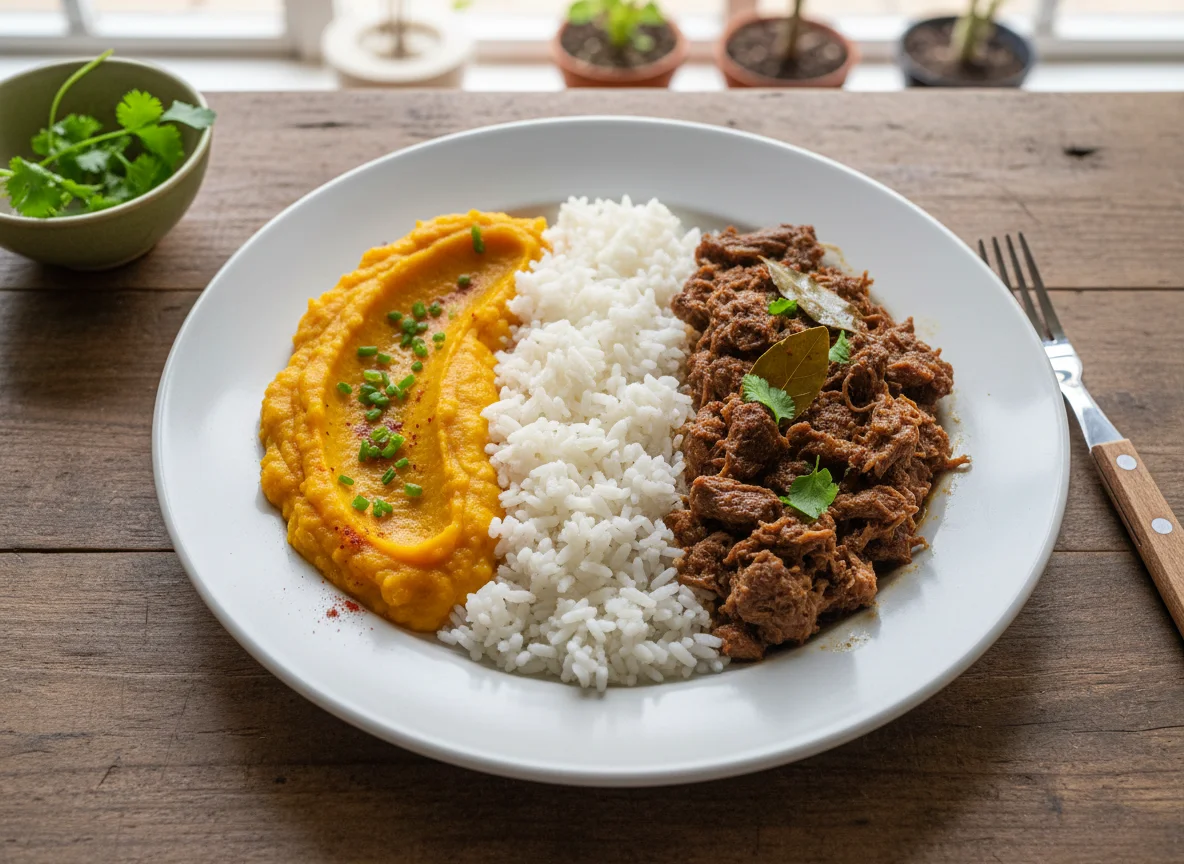 Prato de carne com arroz e purê photo