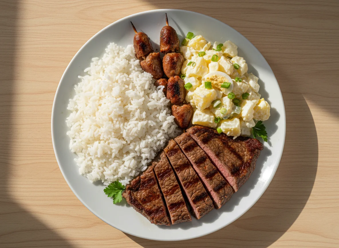 Prato de carne com arroz e salada de batata photo