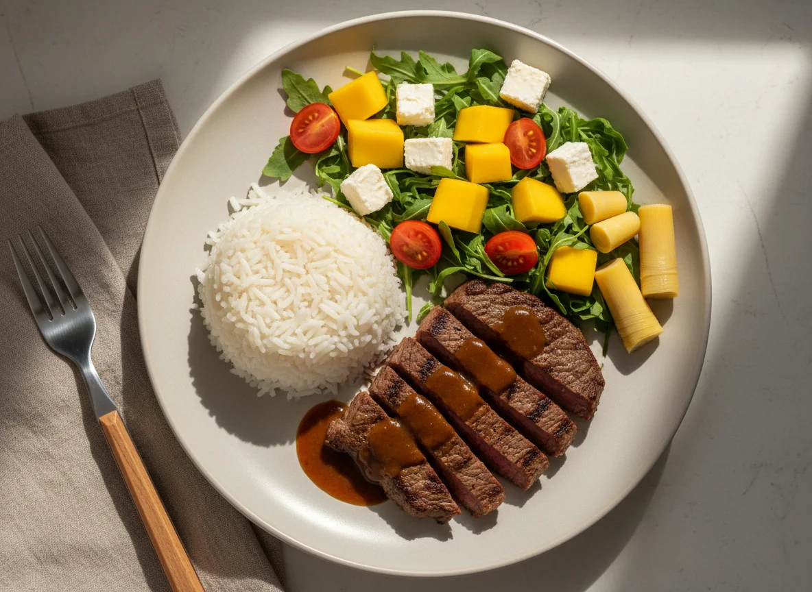 Prato de carne com arroz e salada de manga photo