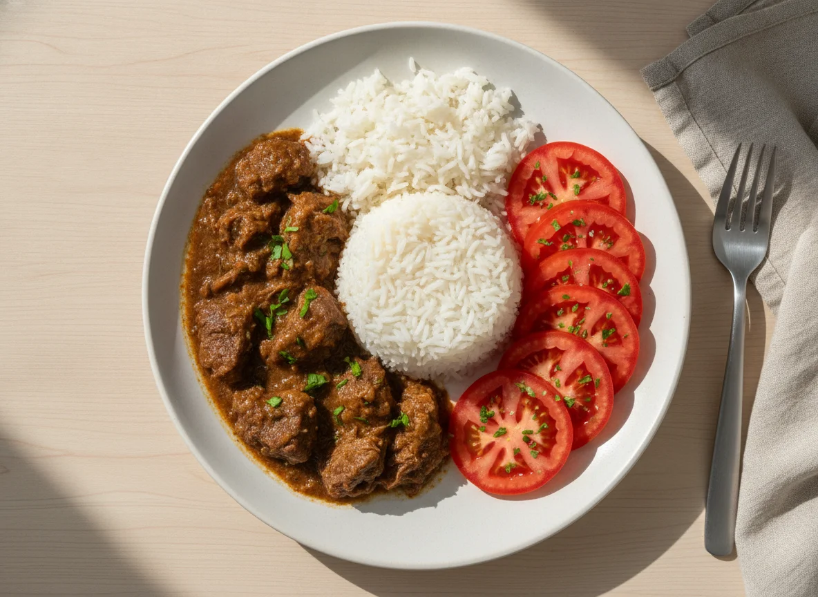 Prato de carne com arroz e tomate photo