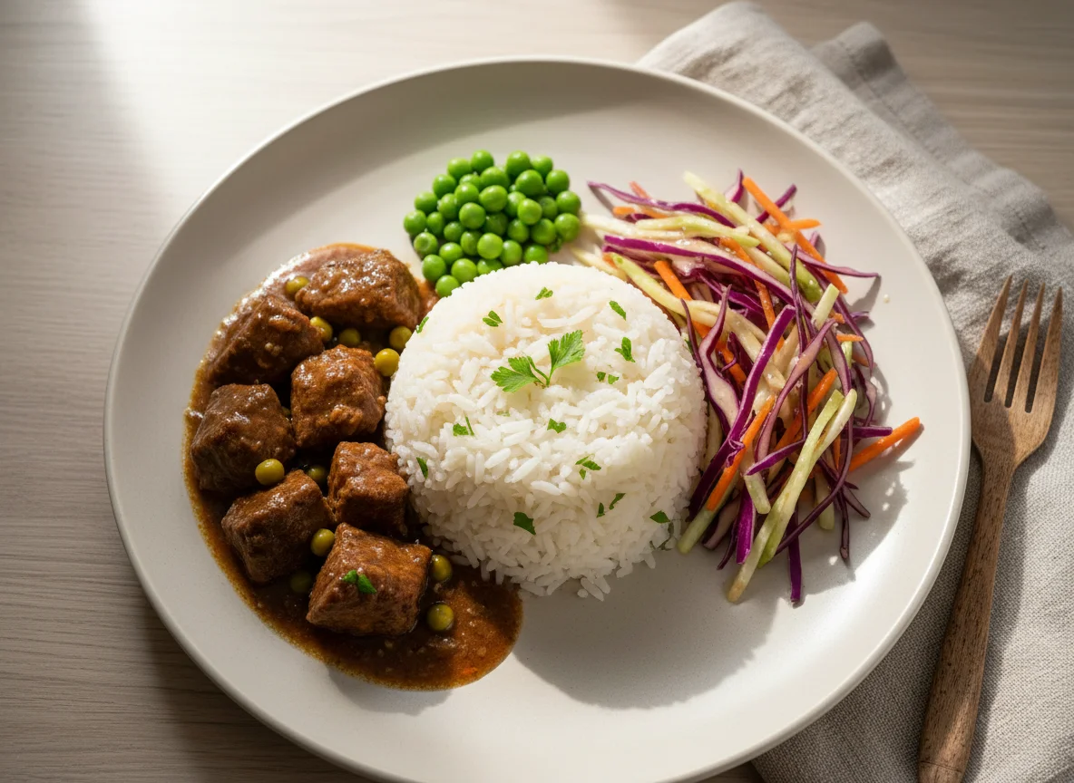 Prato de carne com arroz e vegetais photo