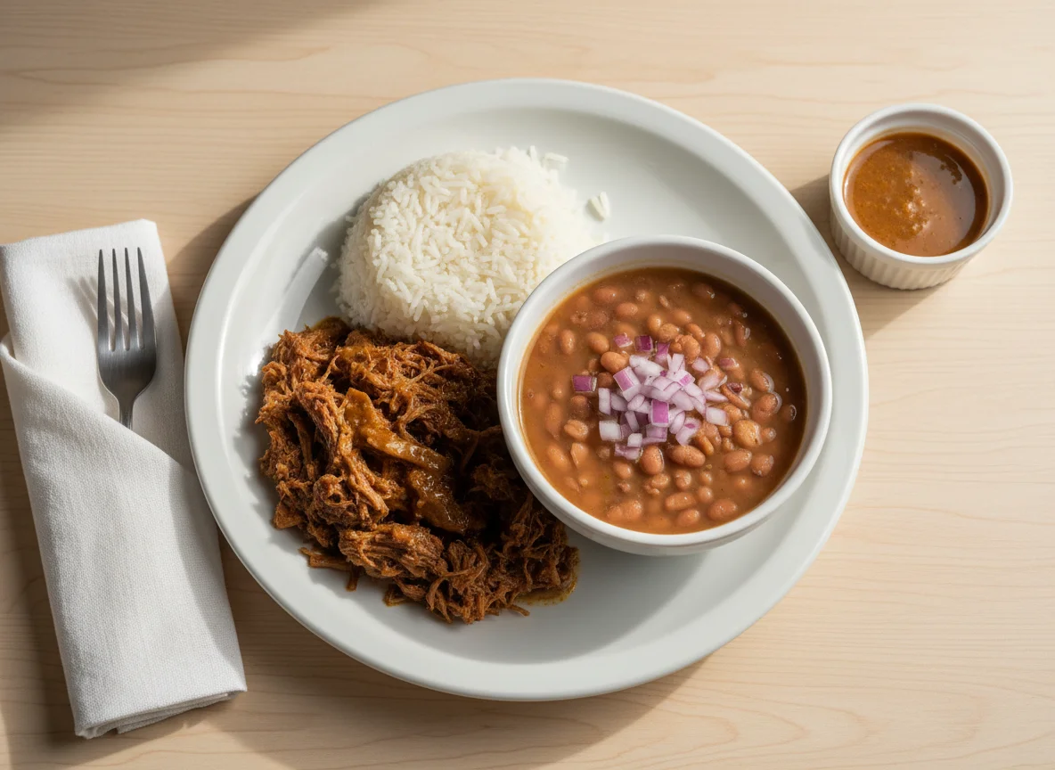 Prato de carne com arroz, feijão e cebola roxa photo
