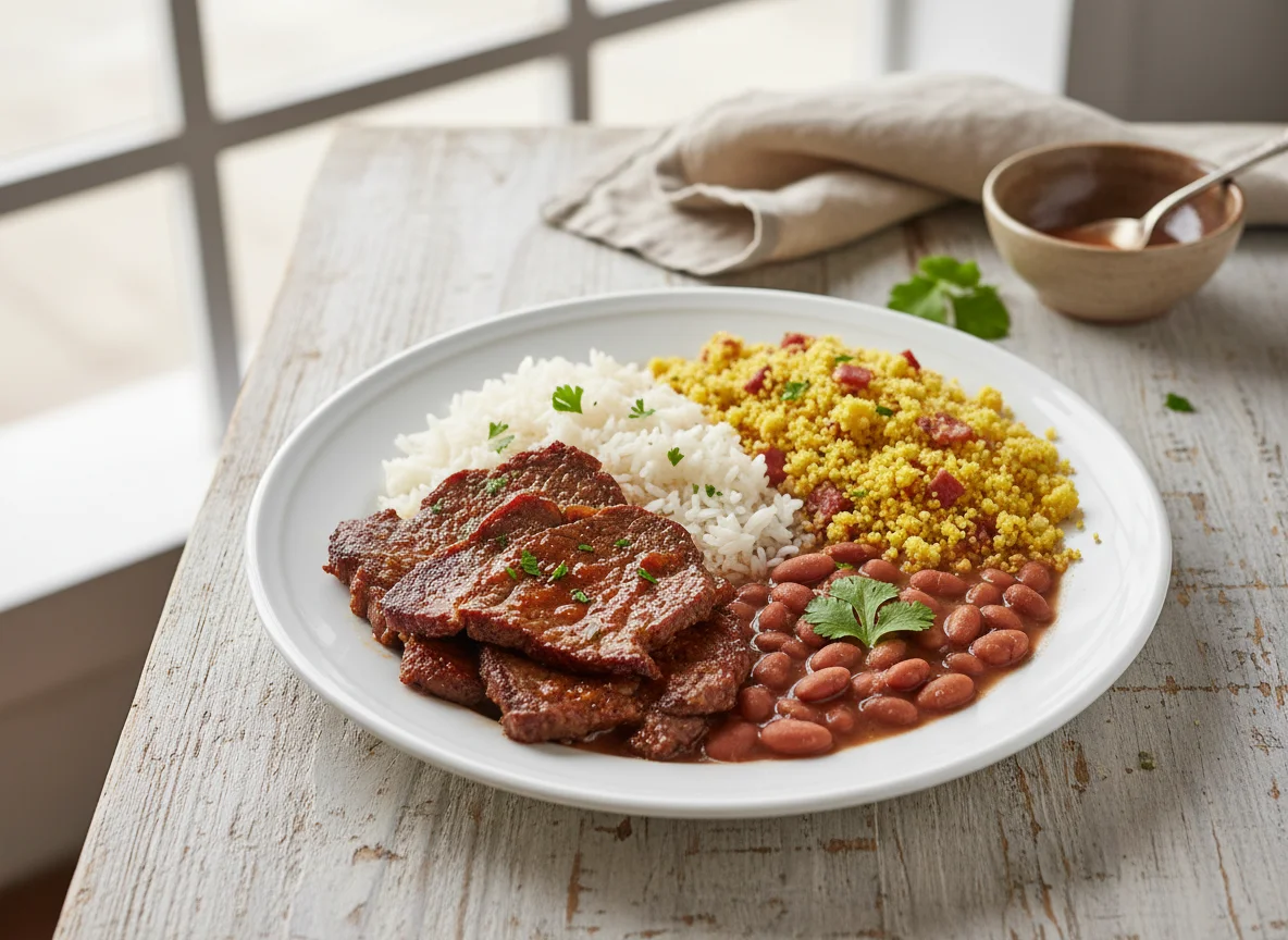 Prato de carne com arroz, feijão e farofa photo